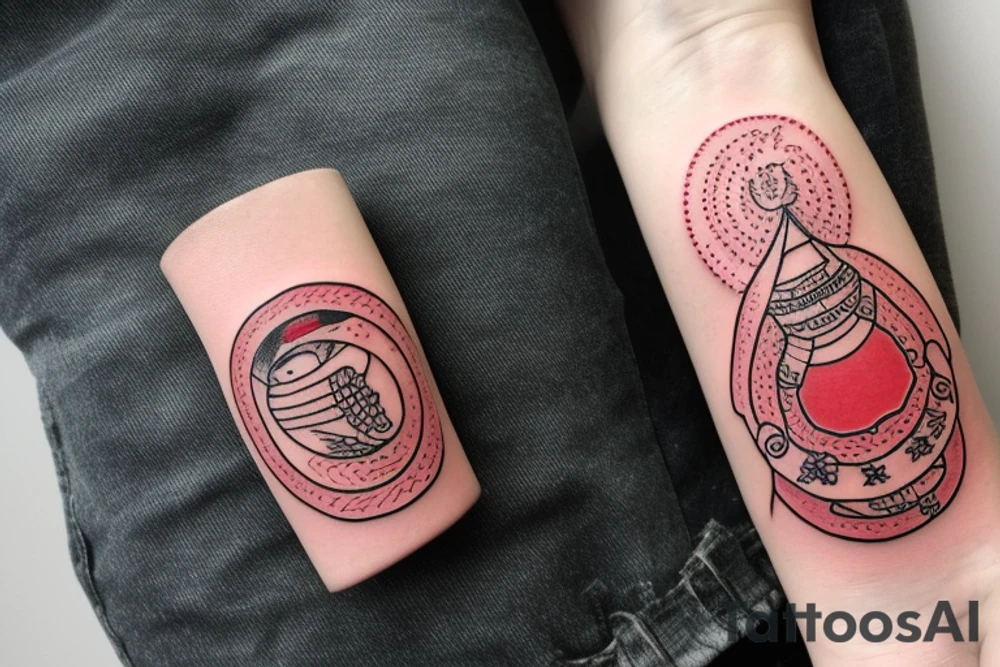 A large suspension bridge with a small person standing on it holding a red seal tattoo idea