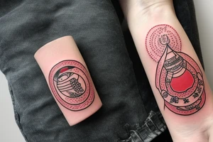 A large suspension bridge with a small person standing on it holding a red seal tattoo idea