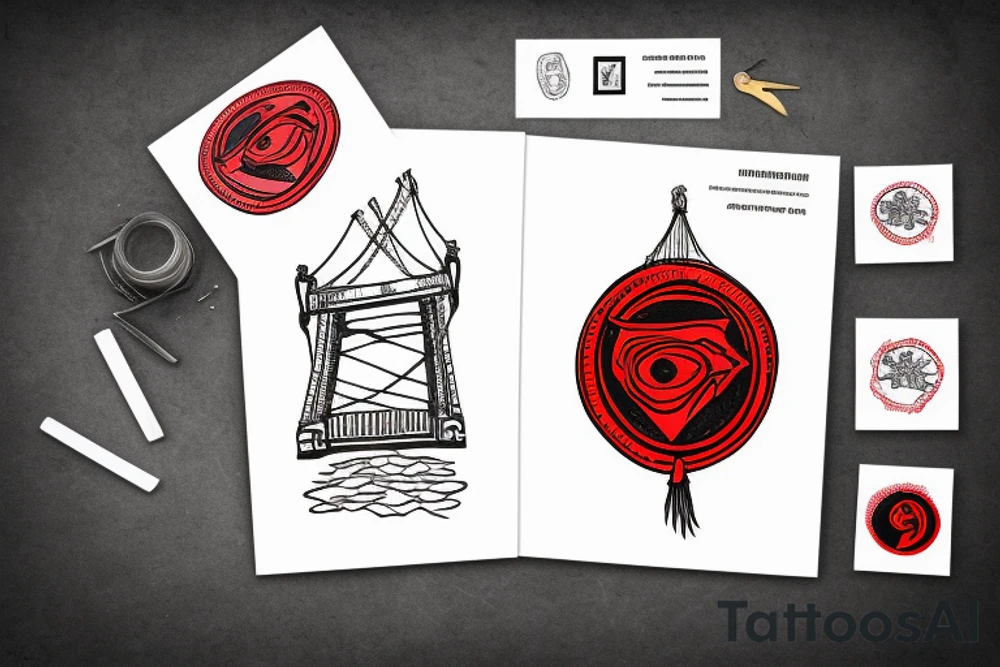 A large suspension bridge with a small person standing on it holding a red seal tattoo idea