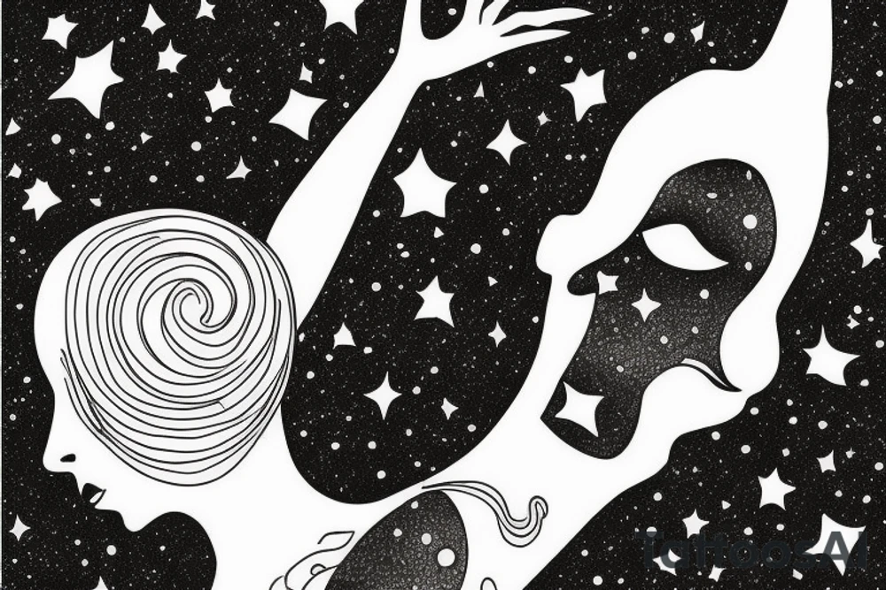 Our galaxy in a vertical line.  At the end of the line stands a woman, head up, arms outstretched.  She receives the galaxy. tattoo idea