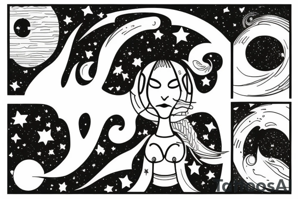 Our galaxy in a vertical line.  At the end of the line stands a woman, head up, arms outstretched.  She receives the galaxy. tattoo idea