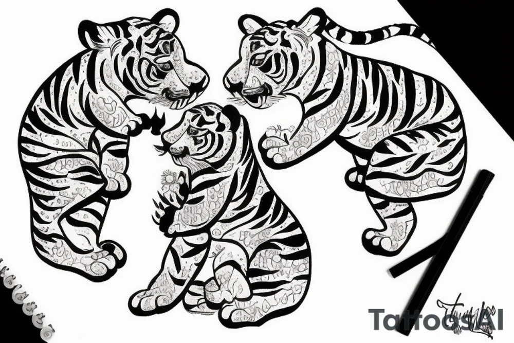 Two tiger cubs playing amongst cherry blossom tattoo idea