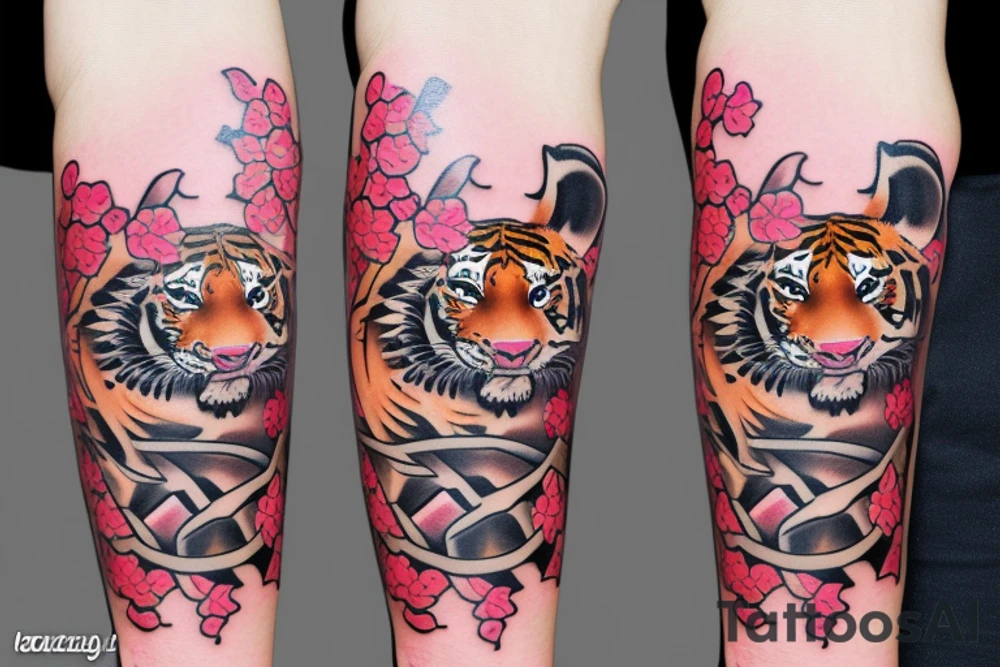 Two tiger cubs playing amongst cherry blossom tattoo idea