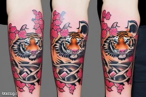 Two tiger cubs playing amongst cherry blossom tattoo idea