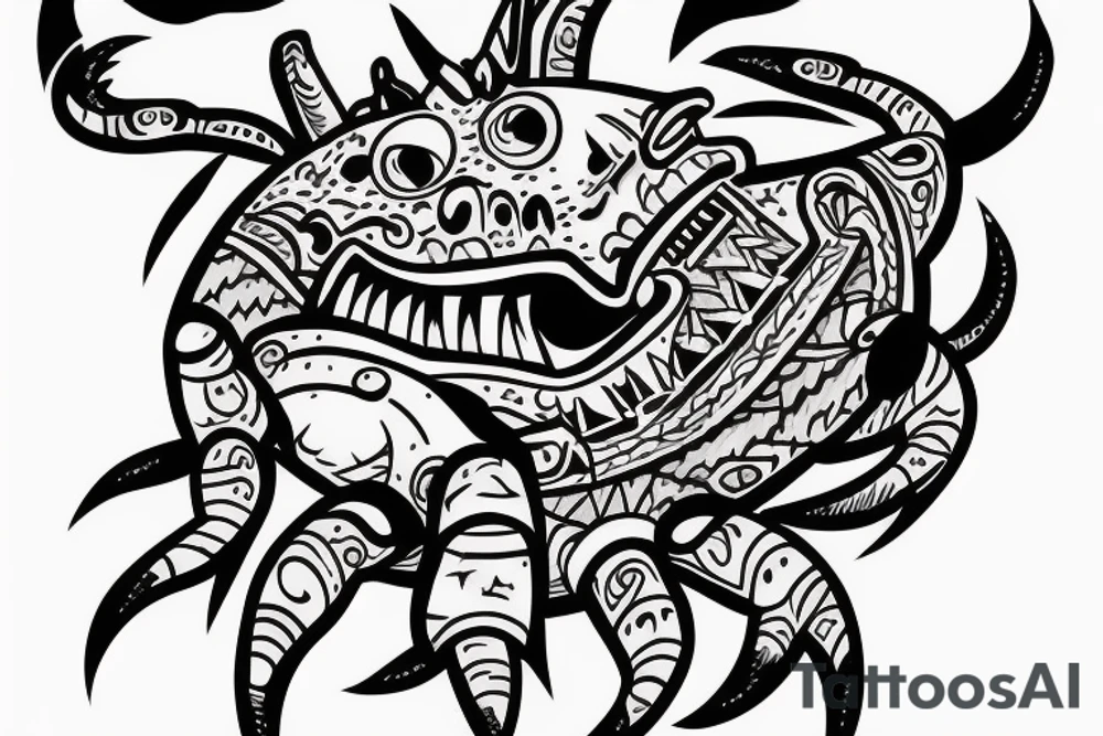 Monster with crab claw and a dog head. The monster is destroying a city. tattoo idea