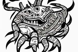Monster with crab claw and a dog head. The monster is destroying a city. tattoo idea