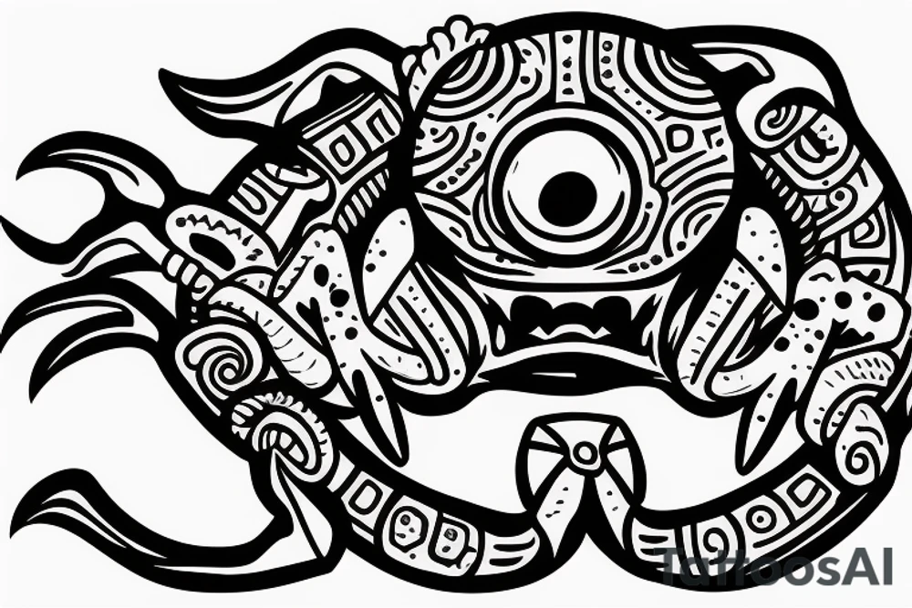 Monster with crab claw and a dog head. The monster is destroying a city. tattoo idea