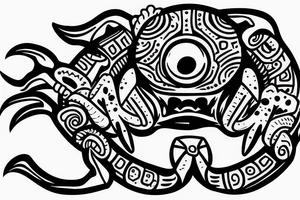 Monster with crab claw and a dog head. The monster is destroying a city. tattoo idea