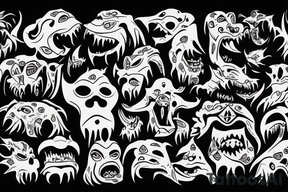 Monster with a dog head. The monster is destroying a city. tattoo idea