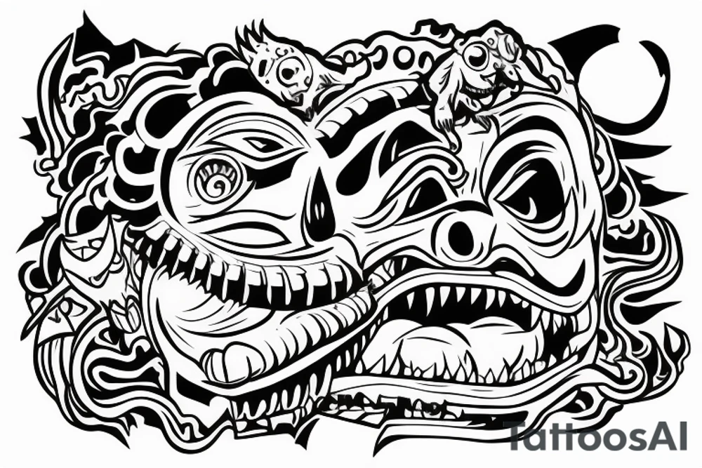 Monster with a dog head. The monster is destroying a city. tattoo idea