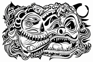 Monster with a dog head. The monster is destroying a city. tattoo idea
