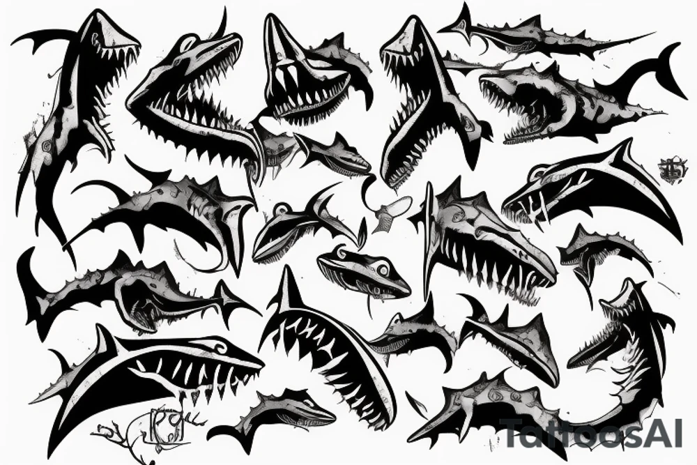 Zombie shark with scars tattoo idea