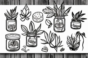 swiss cheese plant in jar fine line tattoo idea