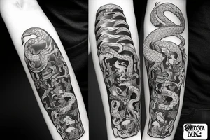 Katana on forearm with a dragon
 or serpent wrapping around it tattoo idea