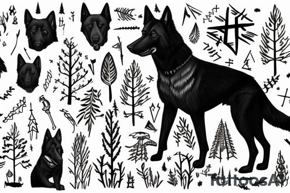 All Black German Shepherd in a forest with 3 crosses in the distance tattoo idea