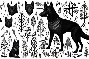 All Black German Shepherd in a forest with 3 crosses in the distance tattoo idea