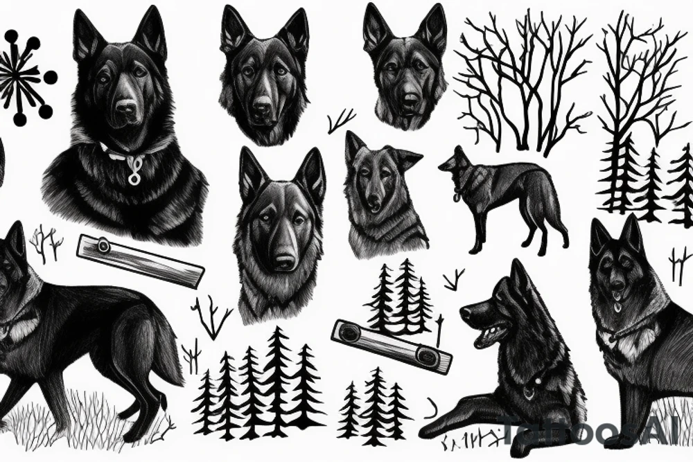 All Black German Shepherd in a forest with 3 crosses in the distance tattoo idea