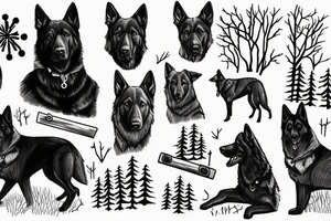 All Black German Shepherd in a forest with 3 crosses in the distance tattoo idea