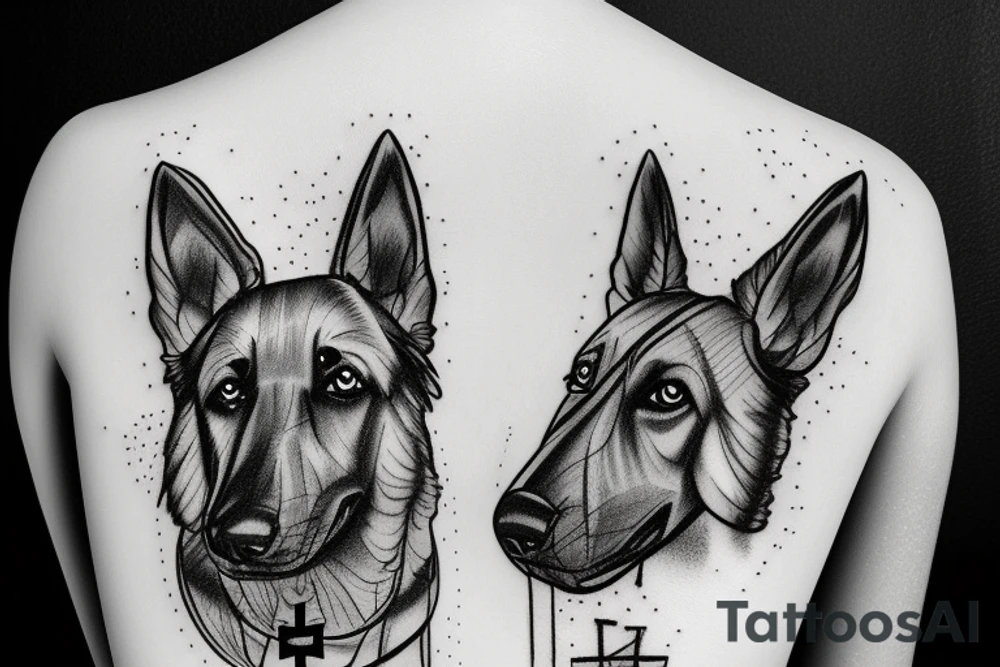 German Shepherd in a forest with 3 crosses in the distance tattoo idea