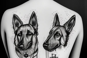 German Shepherd in a forest with 3 crosses in the distance tattoo idea