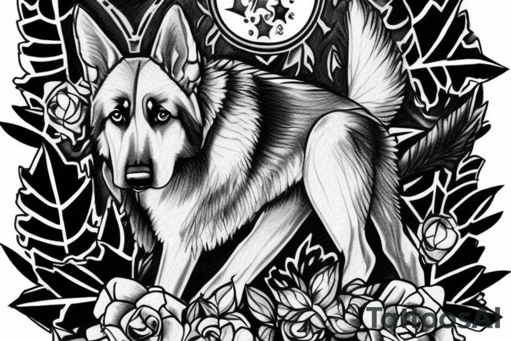 German Shepherd in a forest with 3 crosses in the distance tattoo idea