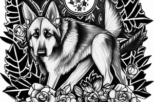 German Shepherd in a forest with 3 crosses in the distance tattoo idea
