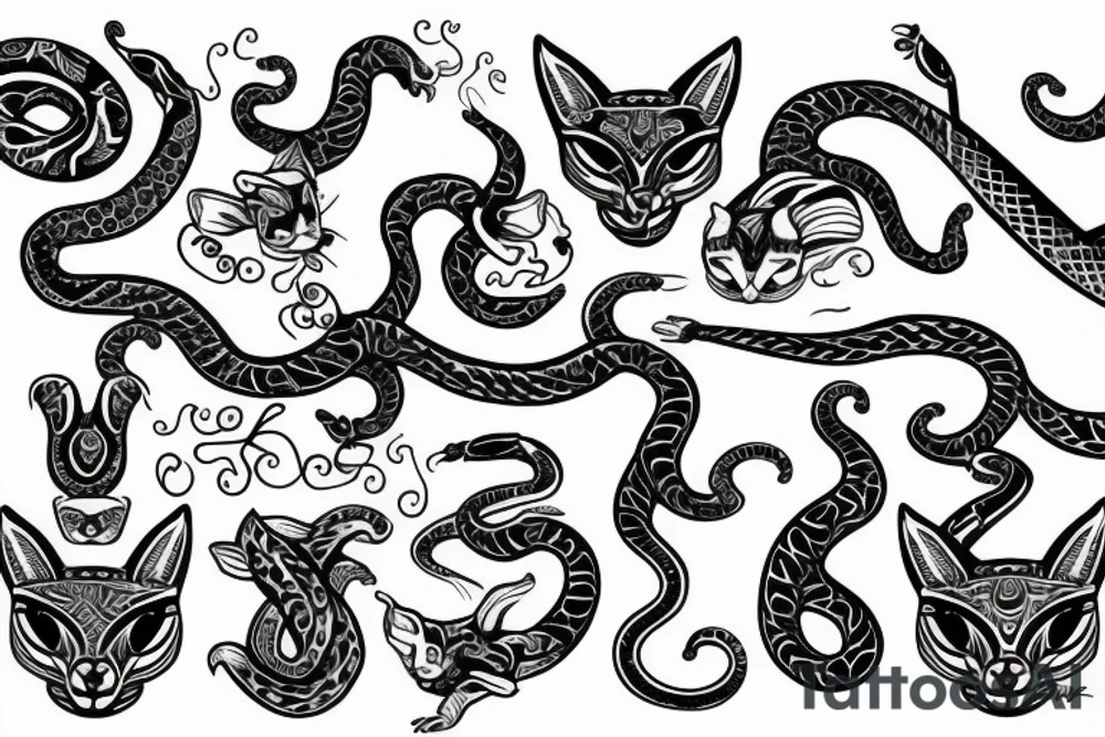 Back cat and snake , tribal design with angelic symbols tattoo idea