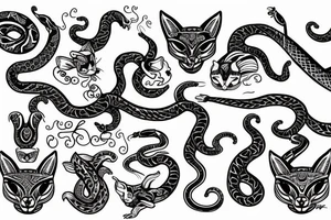 Back cat and snake , tribal design with angelic symbols tattoo idea