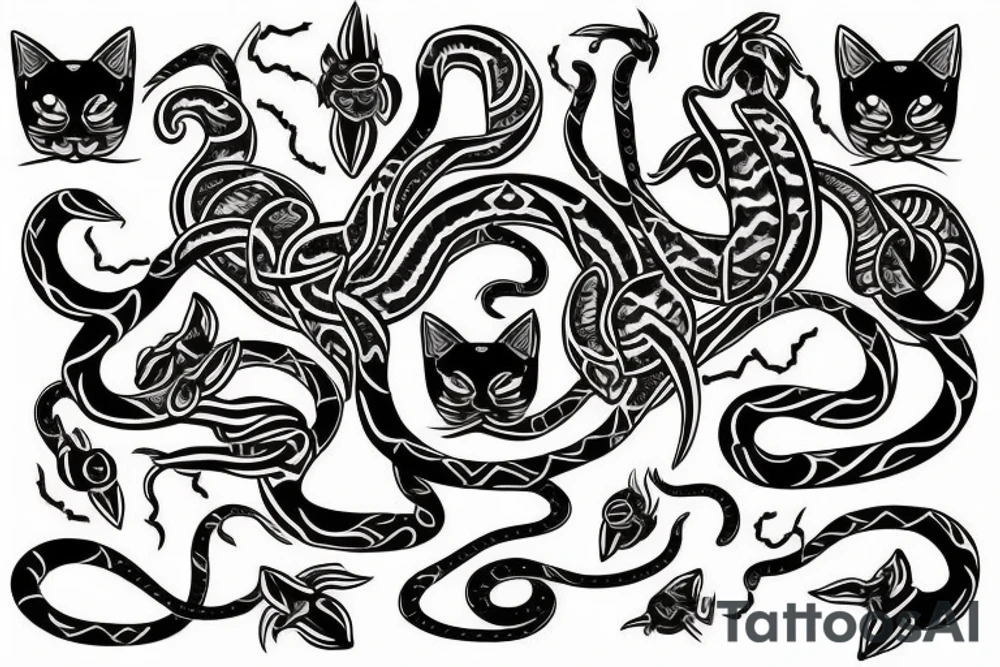 Black cat and snake , tribal design with angelic symbols tattoo idea