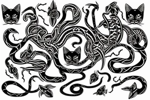 Black cat and snake , tribal design with angelic symbols tattoo idea