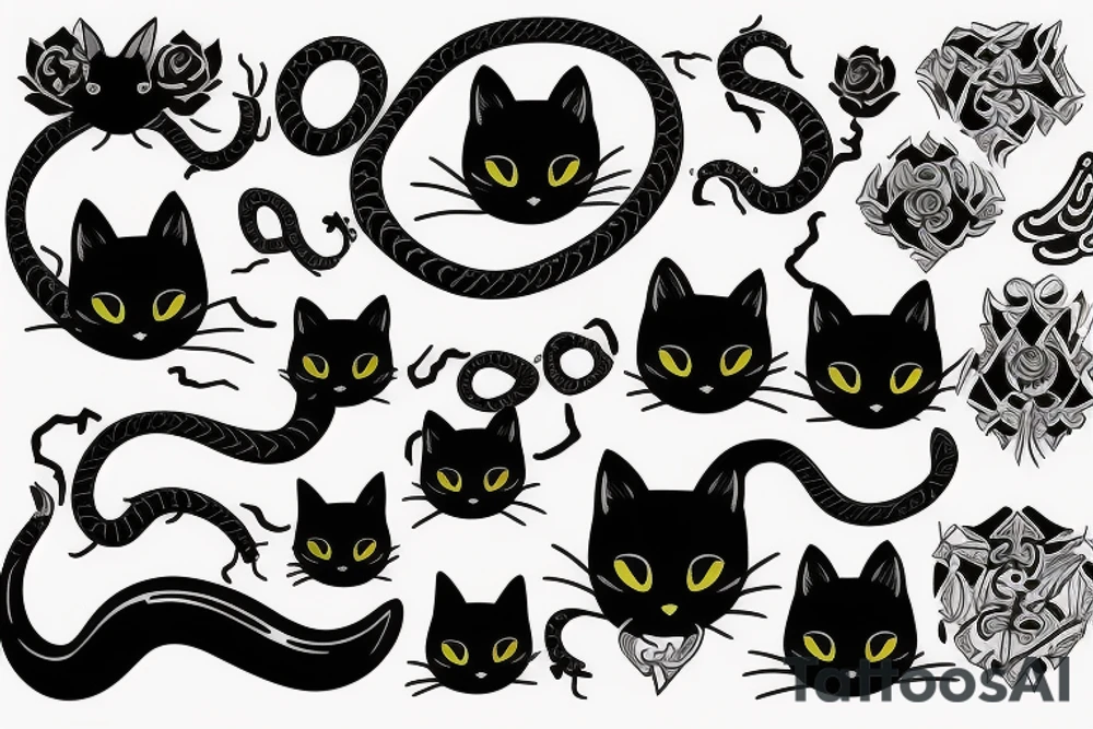 Black cat and snake , tribal design with angelic symbols tattoo idea