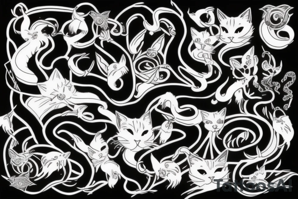 Black cat and snake, with angelic symbols tattoo idea
