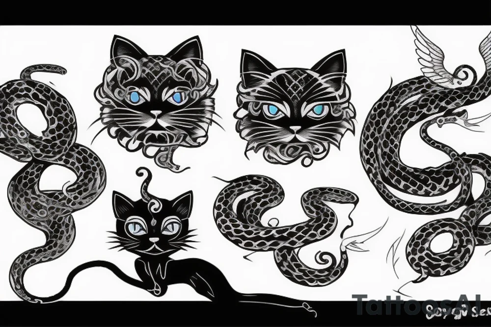 Black cat and snake, with angelic symbols tattoo idea