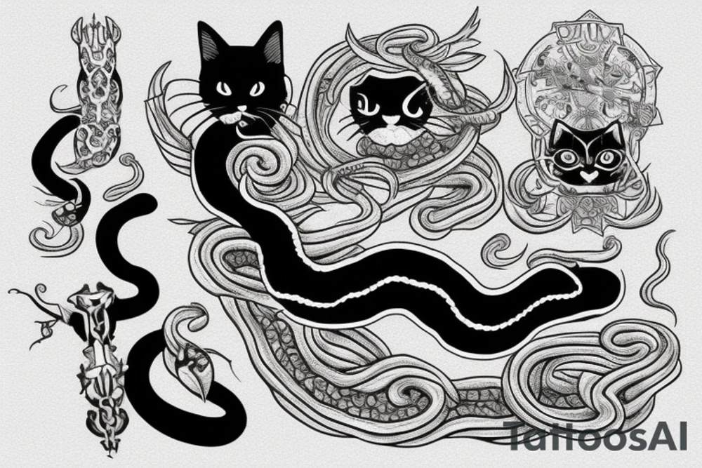Black cat and snake, with angelic symbols tattoo idea
