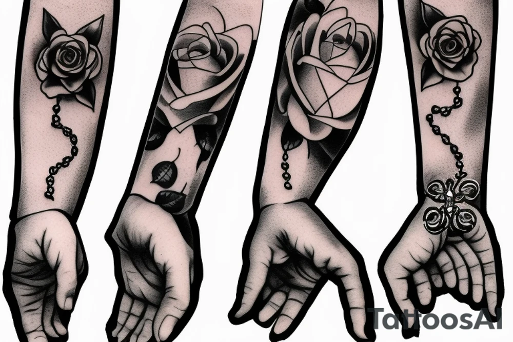 Prayer hands with rosary and 4 roses tattoo idea
