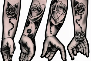 Prayer hands with rosary and 4 roses tattoo idea