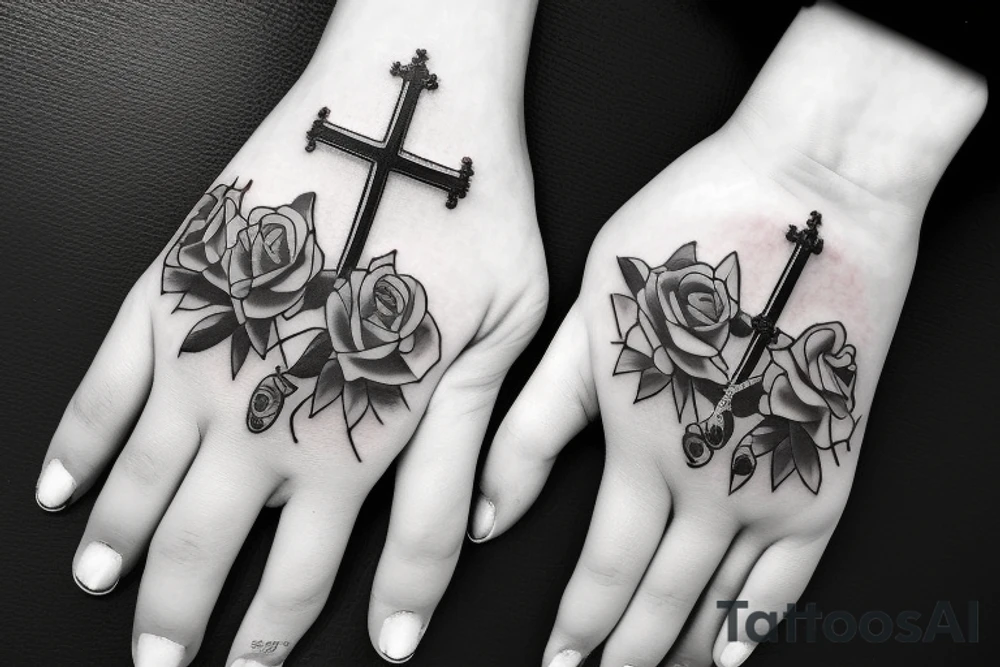 Prayer hands with rosary and 4 roses tattoo idea