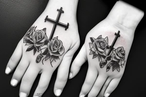 Prayer hands with rosary and 4 roses tattoo idea