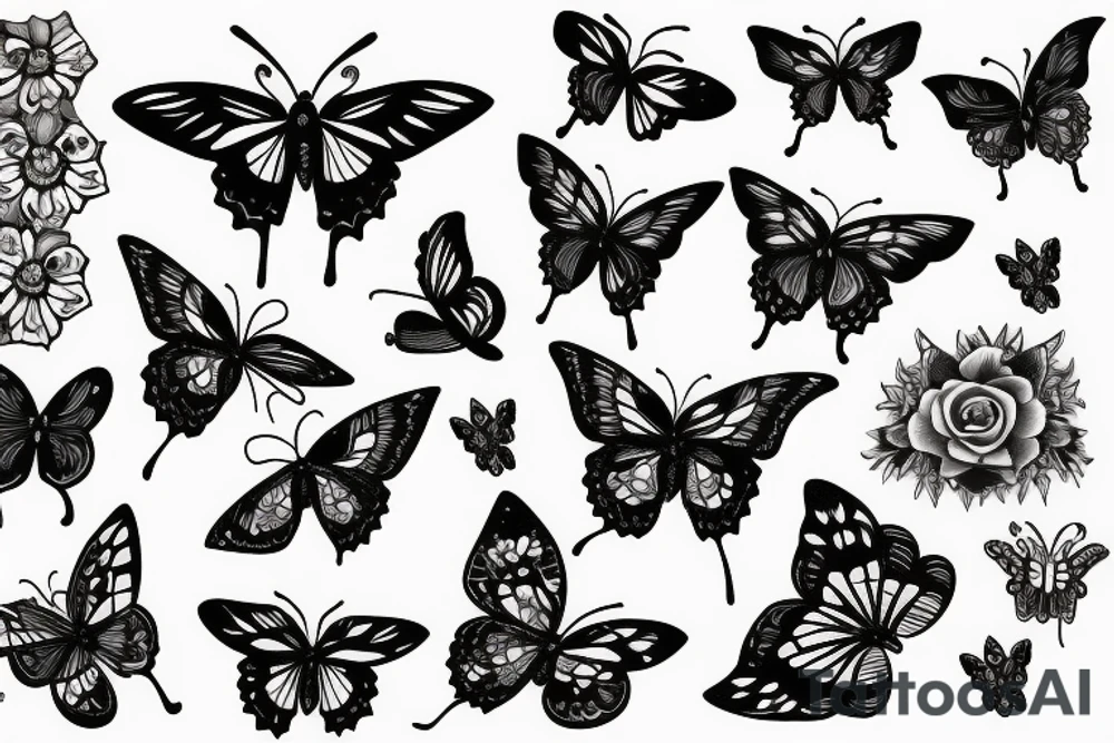 a butterfly with skulls and roses tattoo idea