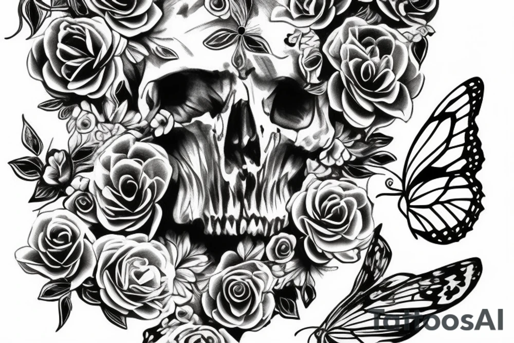 a spine tattoo butterfly with skulls and roses tattoo idea