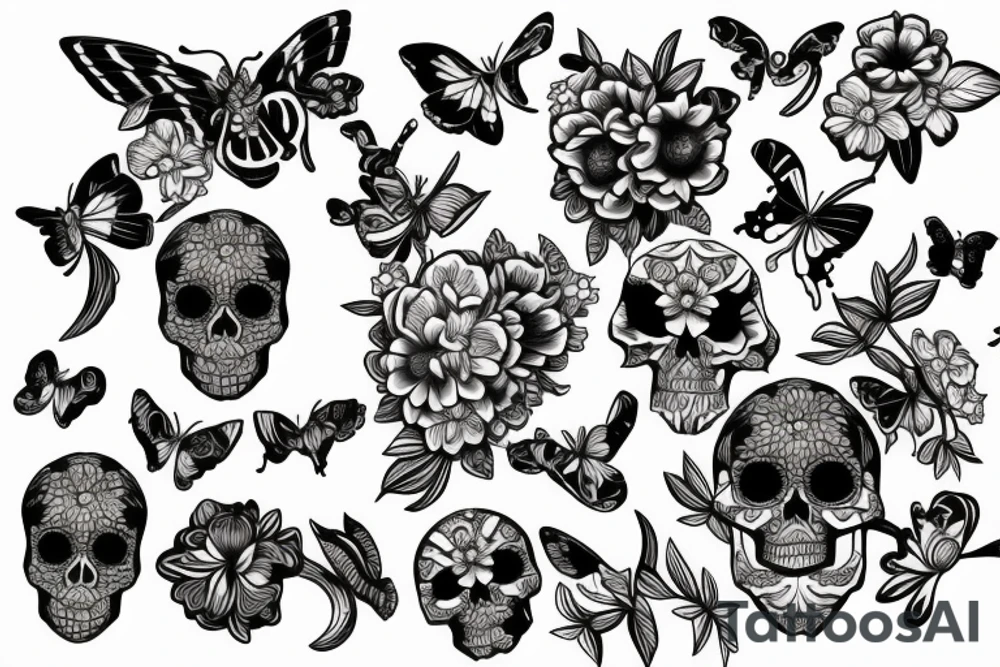skull butterfly flowers tattoo idea