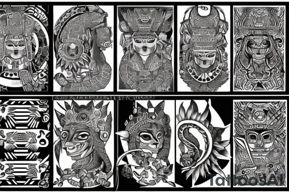 Aztec, tribal, black and white, Quetzalcoatl, stone like, high definition, feathers tattoo idea