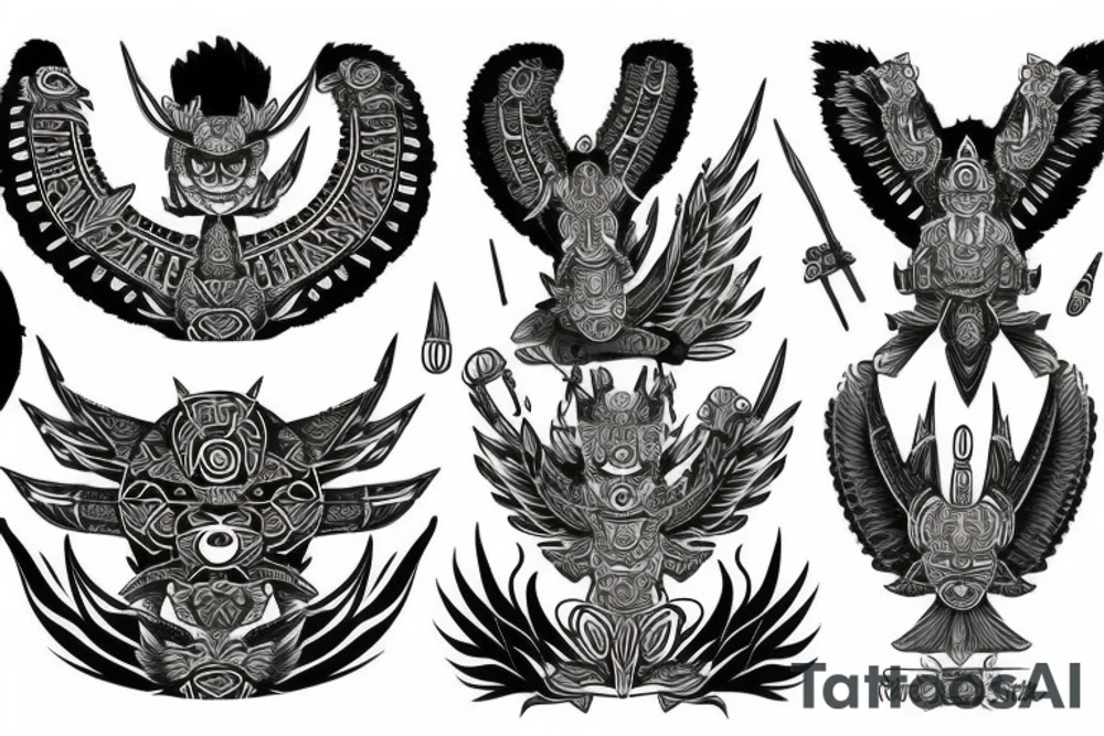 Aztec, tribal, black and white, Quetzalcoatl, stone like, high definition, feathers tattoo idea