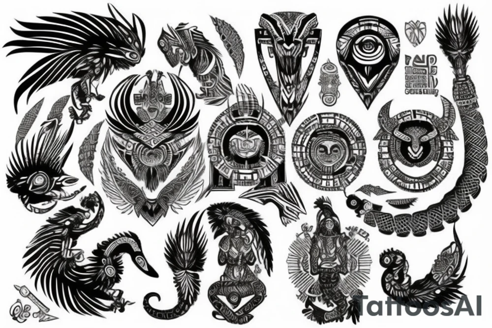 Aztec, tribal, black and white, Quetzalcoatl, stone like, high definition, feathers, arm sleeve tattoo idea