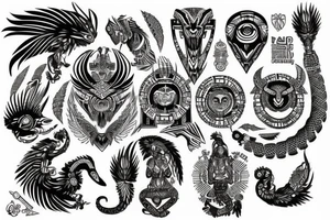 Aztec, tribal, black and white, Quetzalcoatl, stone like, high definition, feathers, arm sleeve tattoo idea