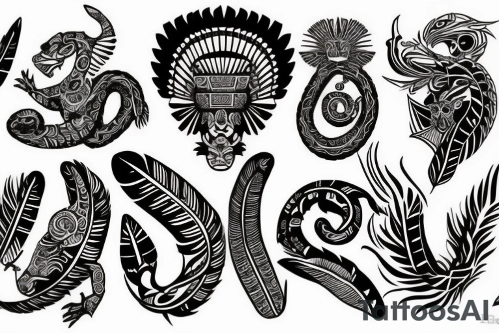 Aztec, tribal, black and white, Quetzalcoatl, stone like, high definition, feathers, arm sleeve tattoo idea
