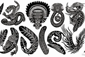 Aztec, tribal, black and white, Quetzalcoatl, stone like, high definition, feathers, arm sleeve tattoo idea