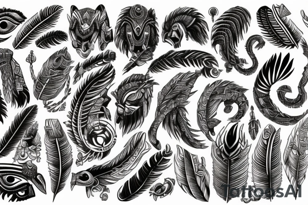 Aztec, tribal, Quetzalcoatl, stone like, high definition, feathers, arm sleeve tattoo idea