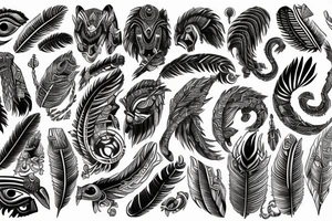 Aztec, tribal, Quetzalcoatl, stone like, high definition, feathers, arm sleeve tattoo idea