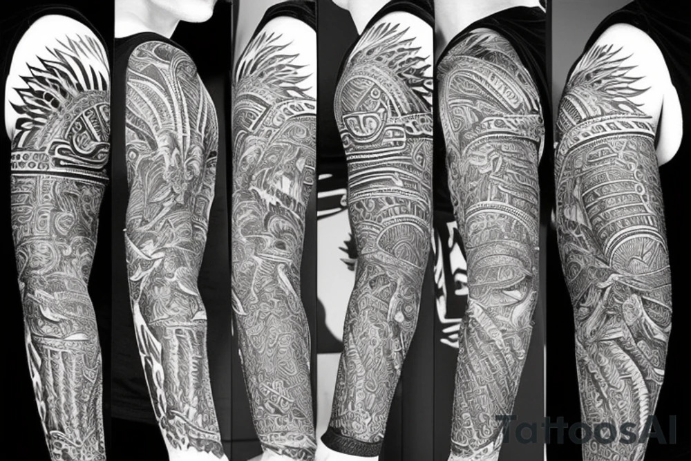 Aztec, tribal, Quetzalcoatl, stone like, high definition, feathers, arm sleeve tattoo idea